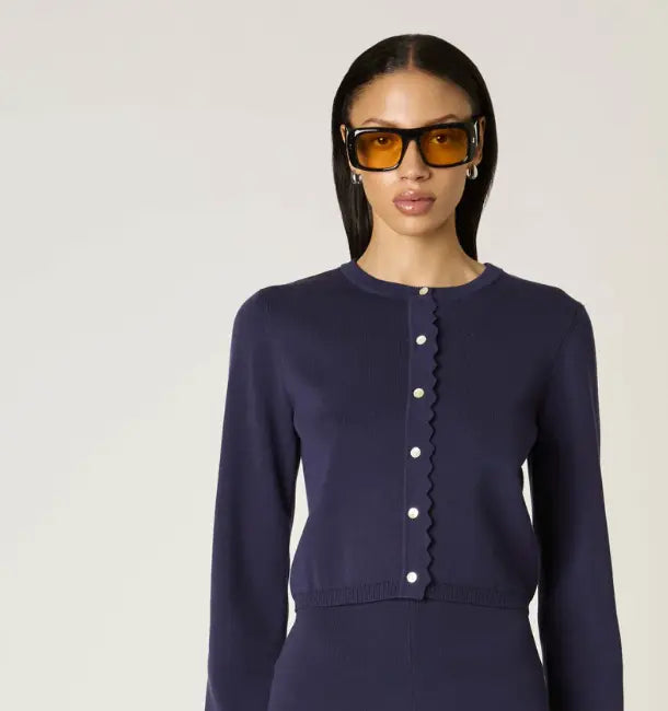 NIA Roxie scallop detail cardigan in extra small, soft knit with scalloped edges, stylish and cozy women's apparel.