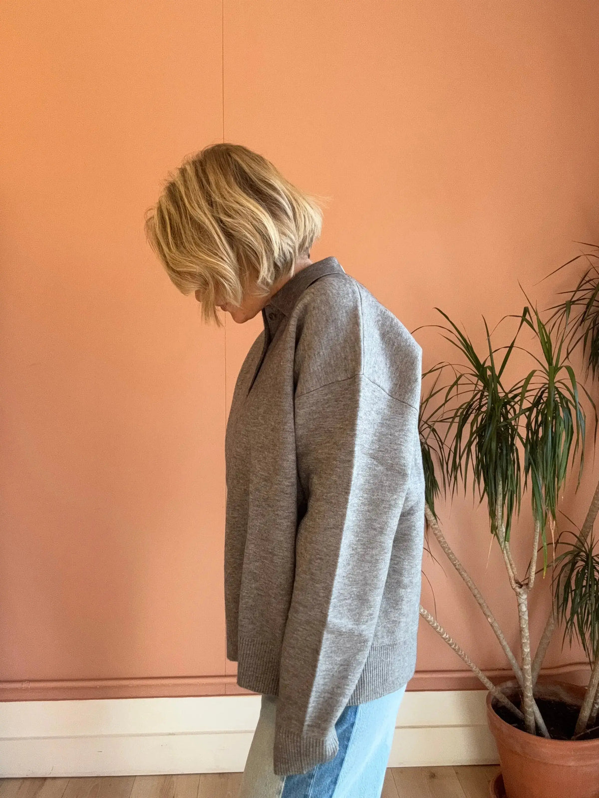Gray Nia Marlow Sweater, cozy polo knit in extra small size, featuring a soft, comfortable design for casual wear.
