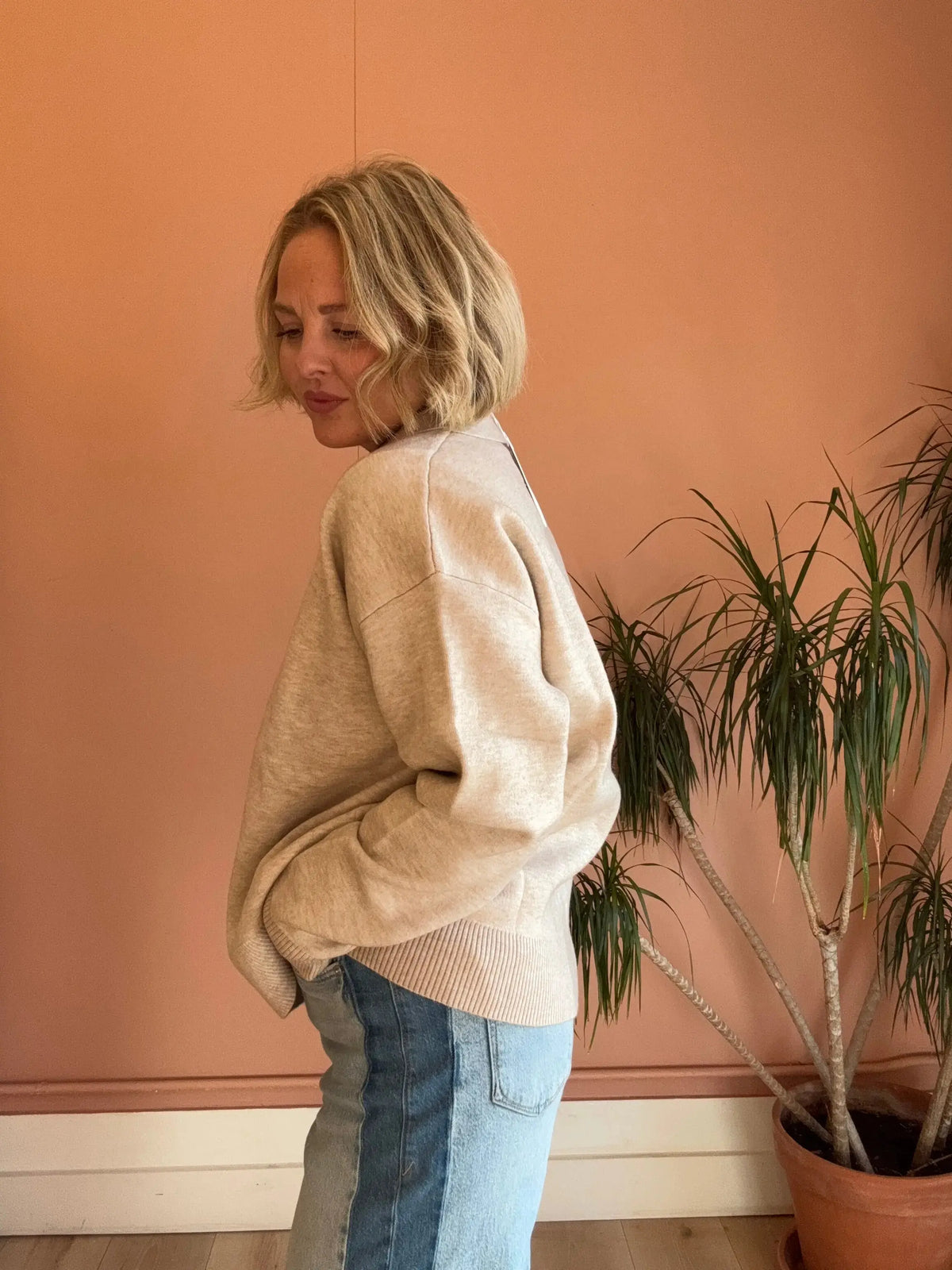 Gray Nia Marlow Sweater in cozy polo knit, shown in extra small size, casual apparel with textured knit pattern.