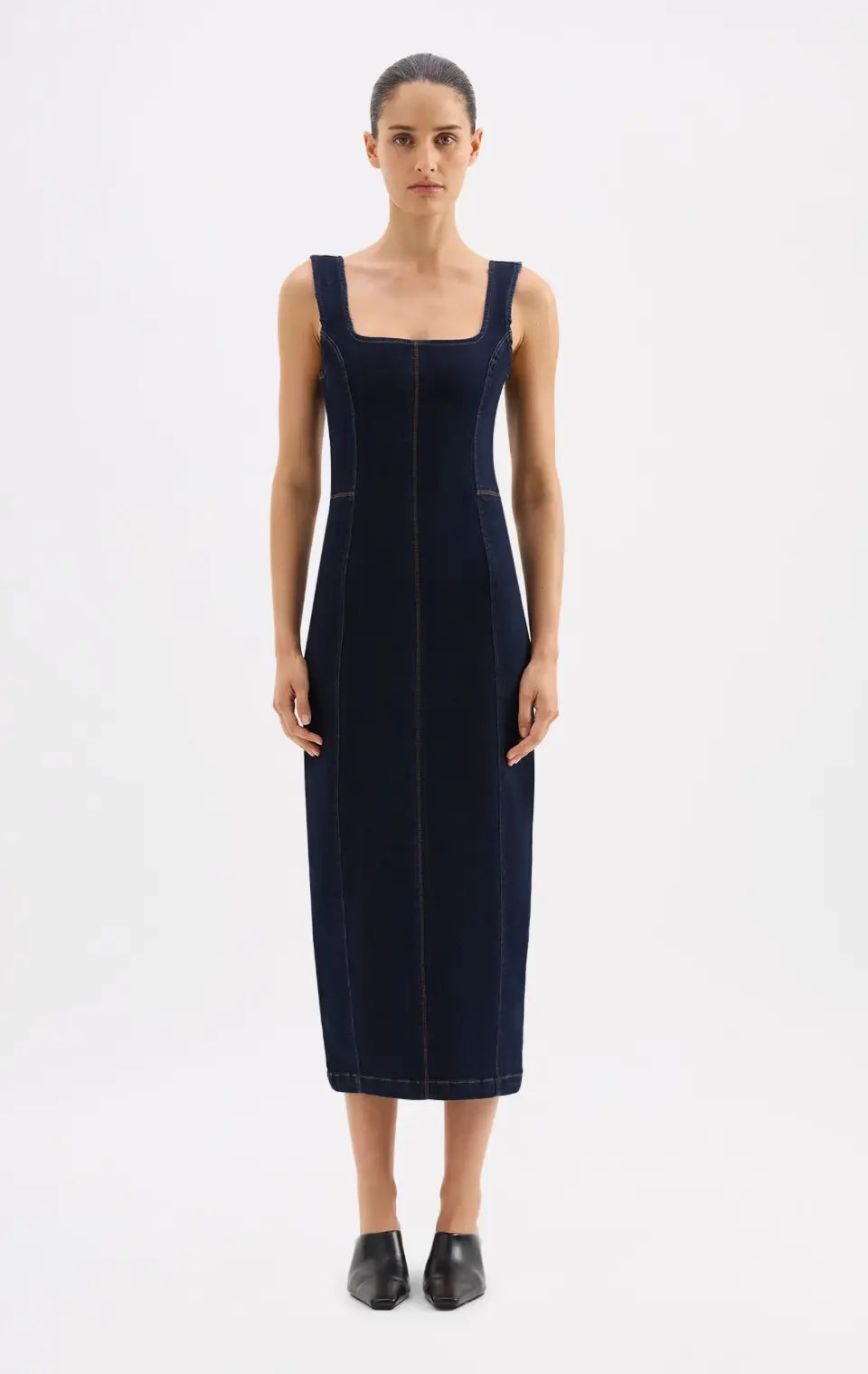 Nude Lucy Vita Denim Maxi Dress in light blue denim, sleeveless with a flowing silhouette and adjustable shoulder straps.