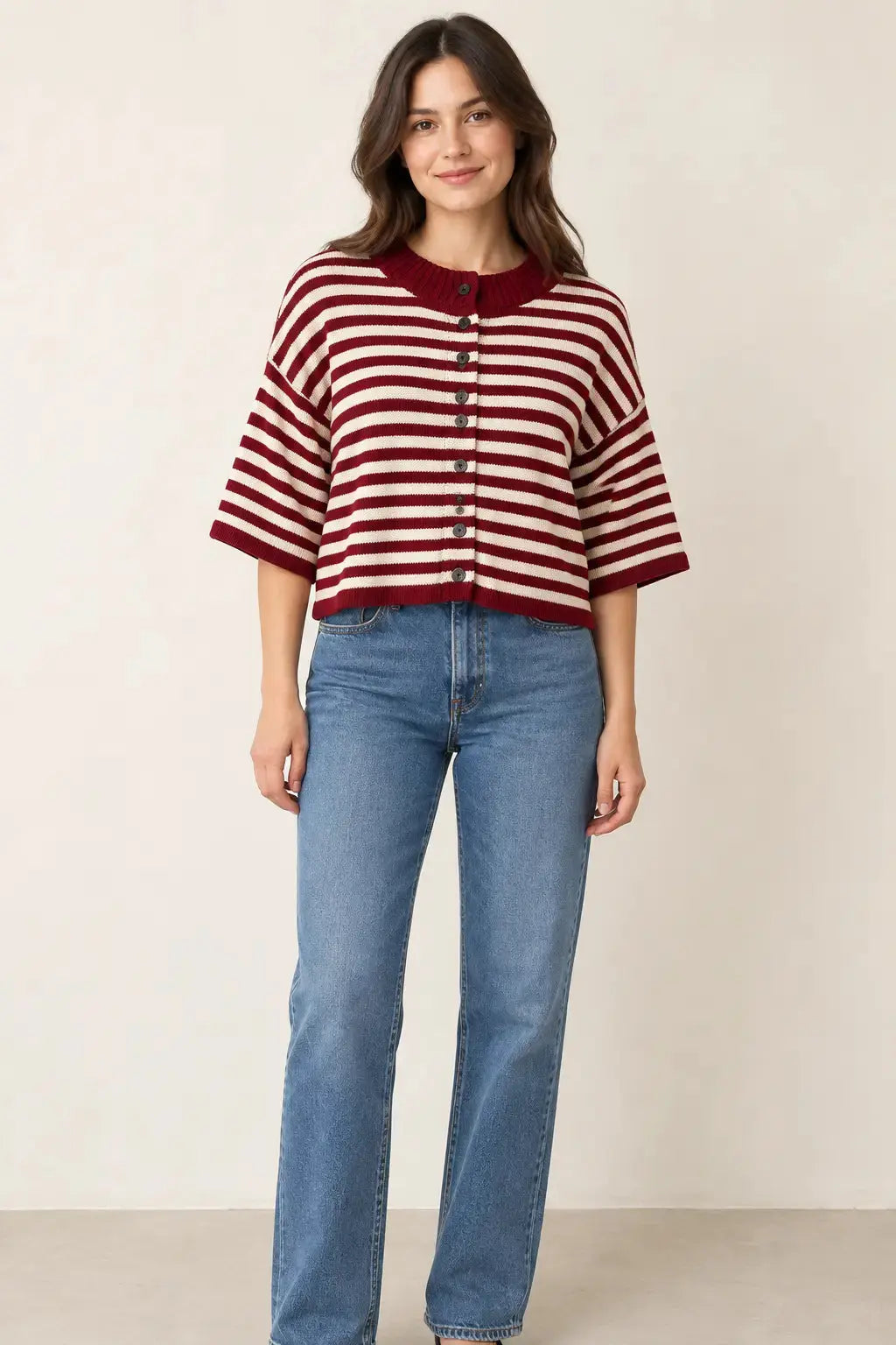 Olivaceous briar striped cardigan, lightweight knit apparel with blue and white horizontal stripes, front button closure.