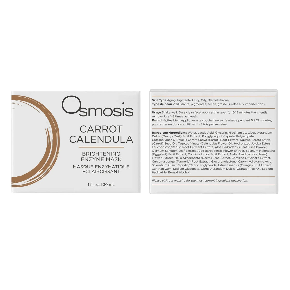 Osmosis Carrot Calendula Brightening Face Mask in a jar, showing the creamy orange skincare product with fresh calendula flowers.