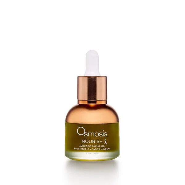 Osmosis Nourish Oil for skin care, featuring a dropper bottle with nourishing facial oil and natural ingredients.