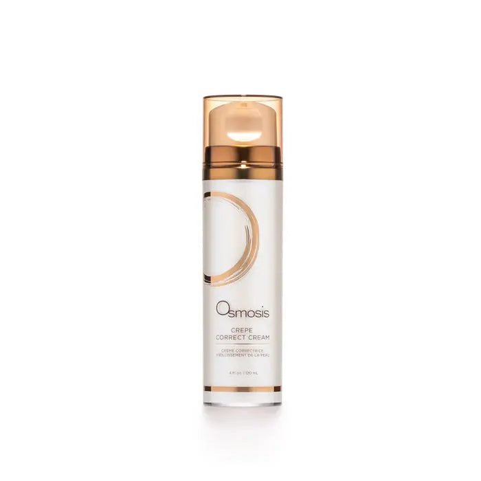 Osmosis Crepe Correct Cream skincare product in a jar, designed to improve skin firmness and elasticity.