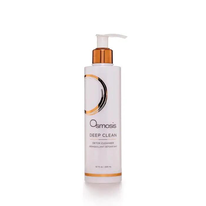 Osmosis Deep Clean Detox Cleanser in a clear bottle showing the skincare product with a white cap and label.