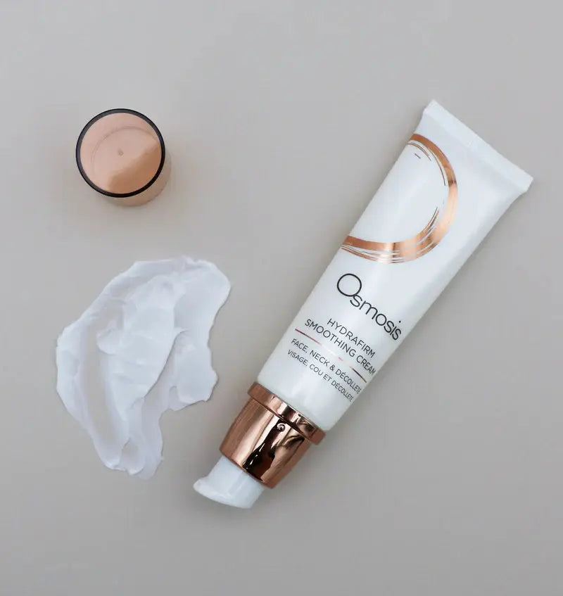 Osmosis Hydrafirm Smoothing Cream jar with cream inside, skincare product for firming and moisturizing the skin.