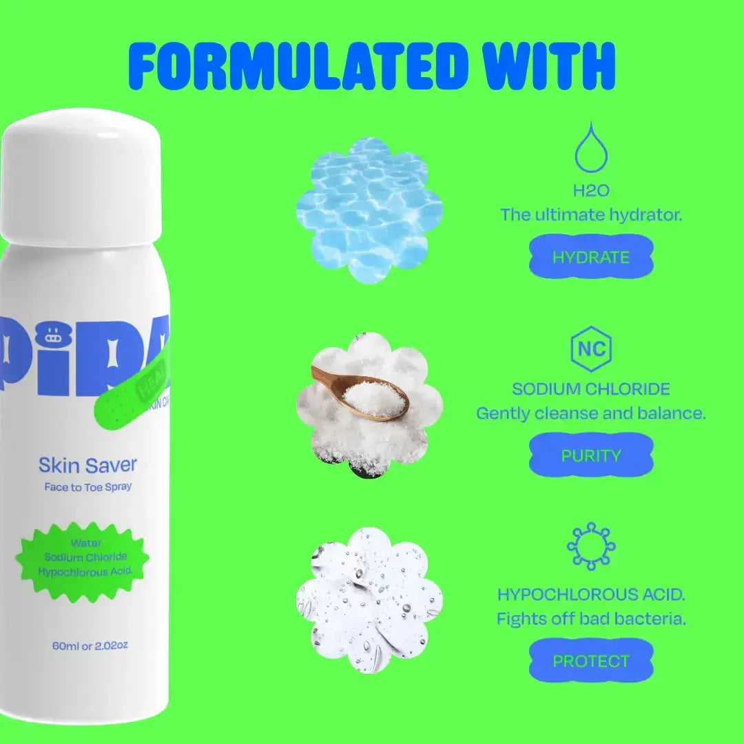 Pipa Skin Saver hypochlorous acid face and body spray bottle with spray nozzle, skincare product for soothing and refreshing skin.