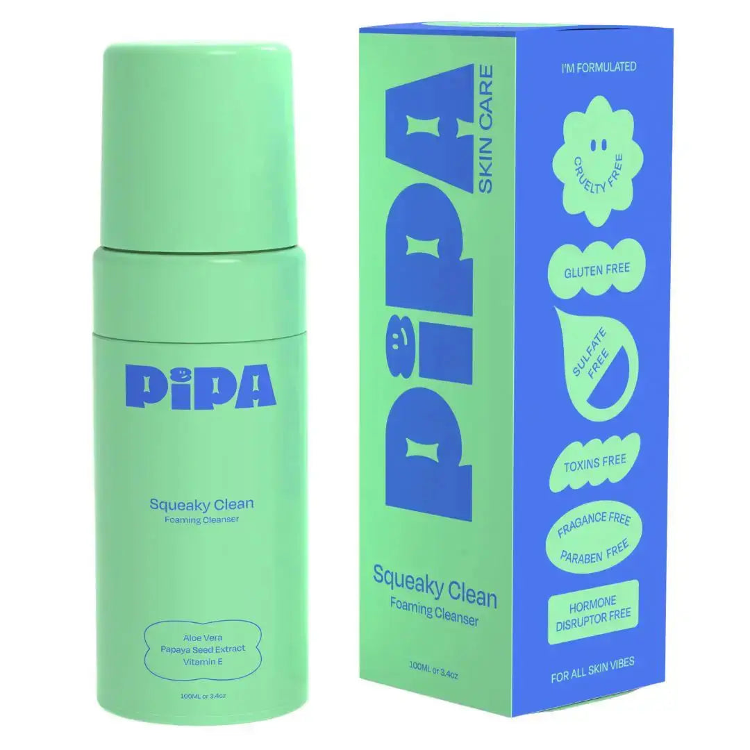 Pipa Skincare Squeaky Clean Foaming Cleanser bottle with label, showcasing a gentle foaming facial cleanser for clear skin.