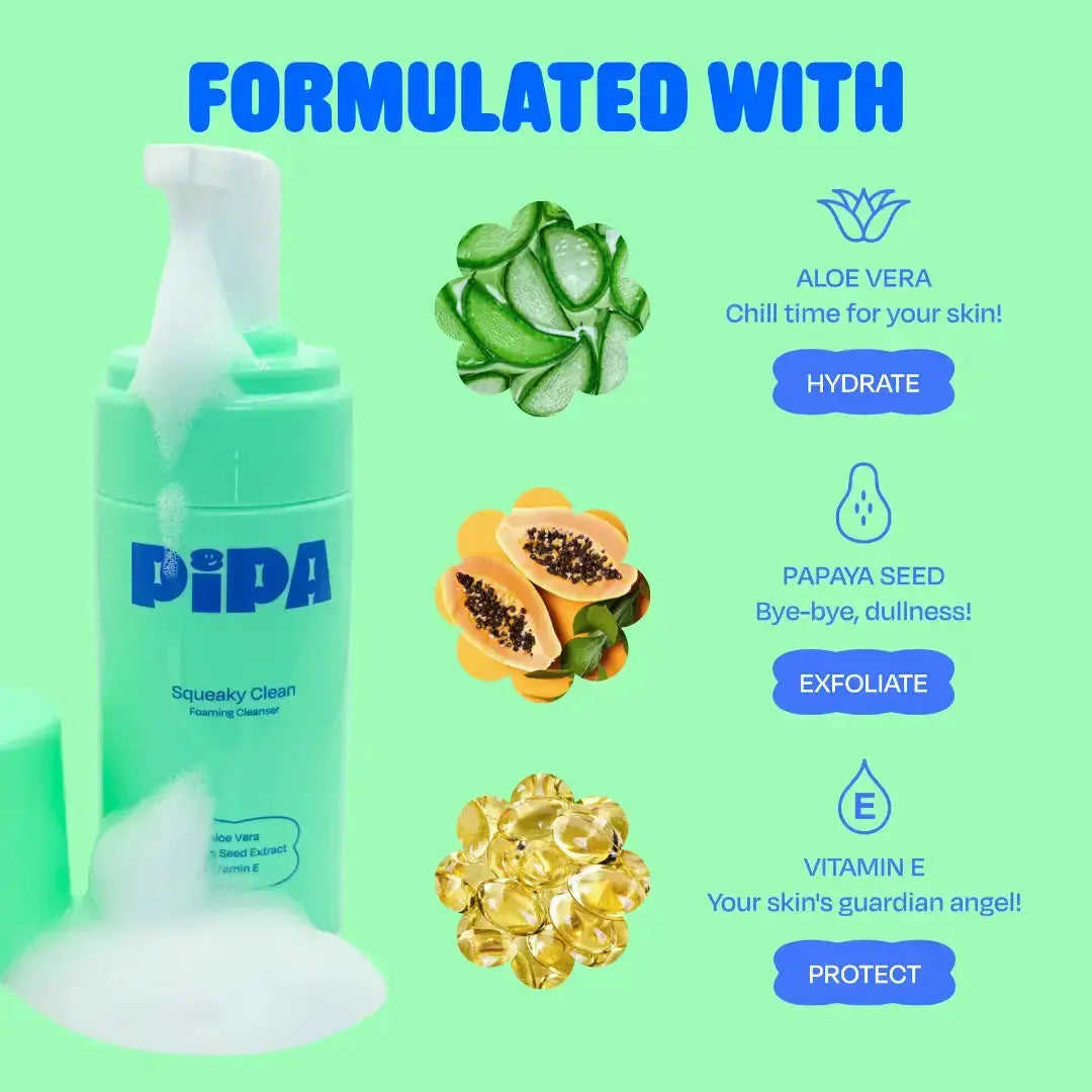 Pipa Skincare Sqeaky Clean Foaming Cleanser in a white pump bottle with a clear label, designed for gentle facial cleansing.