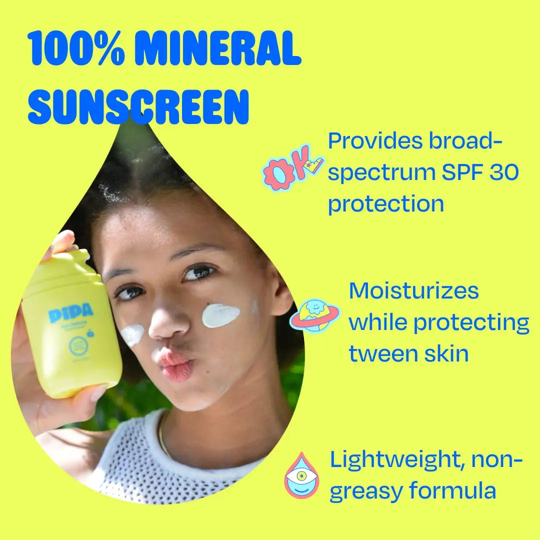 Pipa Sun-Sational Teen Mineral Sunscreen tube with SPF, featuring a white pump dispenser and label design by Pipa Skincare
