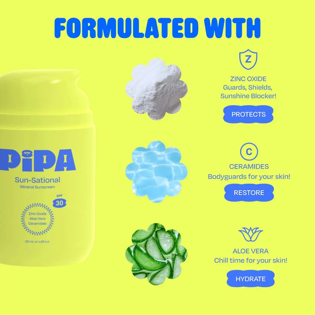 Pipa Sun-Sational Teen Mineral Sunscreen bottle from Pipa Skincare, showing the sunscreen tube with branding and product details