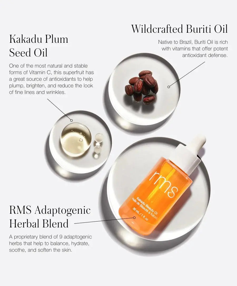 RMS Beauty Kakadu Beauty Oil in a 30ml bottle, a natural cosmetic product for skincare with nourishing ingredients.