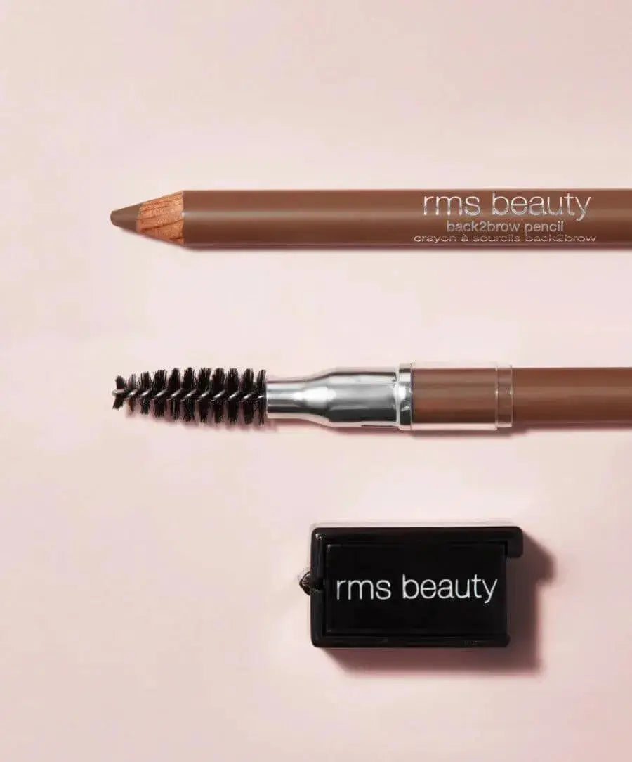 RMS Beauty Back2Brow Pencil for cosmetics, light shade, showcasing the slim brow pencil with spoolie brush on a white background.