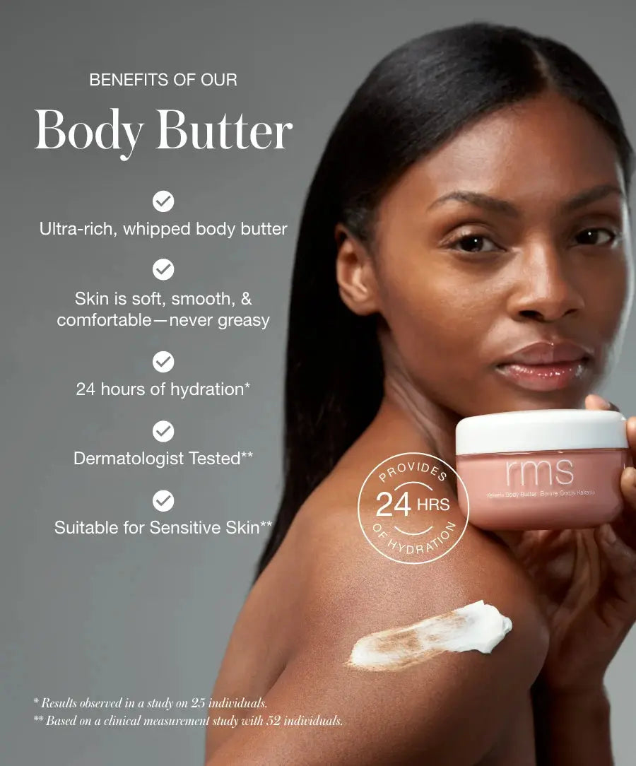 RMS Beauty Kakadu Body Butter jar with white lid and label, creamy moisturizer in a clear container.
