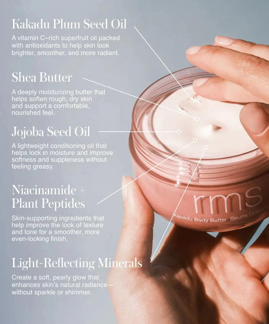 RMS Beauty Kakadu Body Butter jar with white lid and label, showcasing nourishing skincare for smooth, hydrated skin.