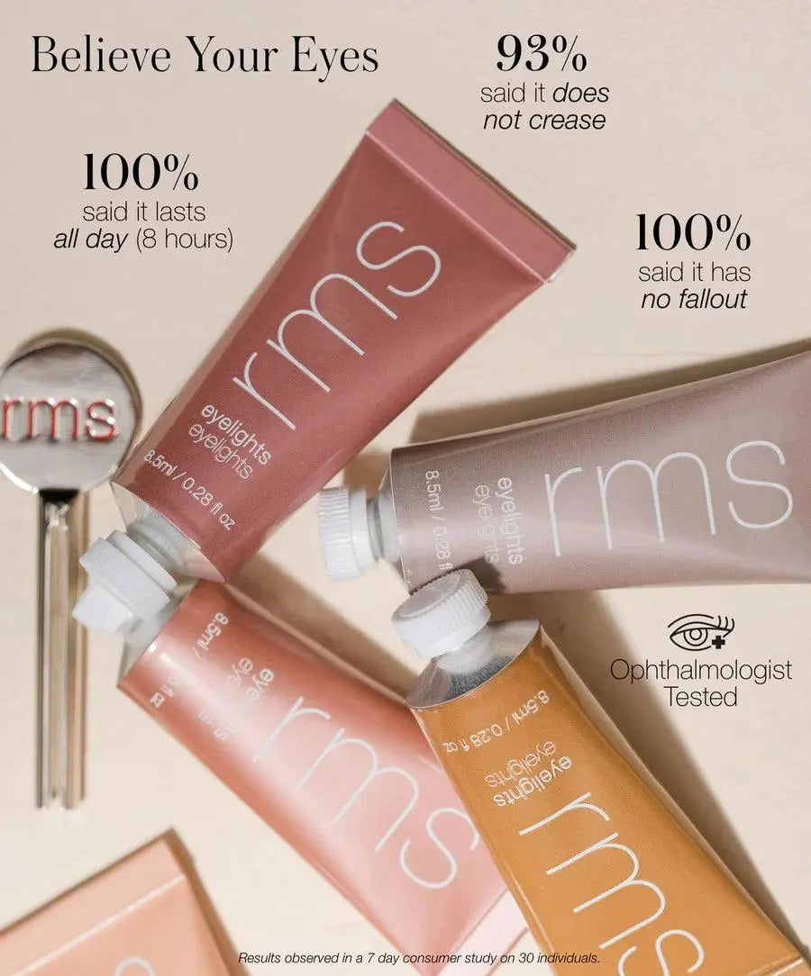 RMS Beauty Eyelights Cream Eyeshadow in Flare, close-up of the creamy, shimmering eye shadow applied on eyelids.