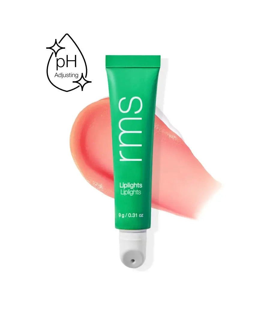 RMS Beauty Liplights Cream Lip Gloss in a neutral, sheer lipstick tube with a clear cap, showcasing natural lip color.