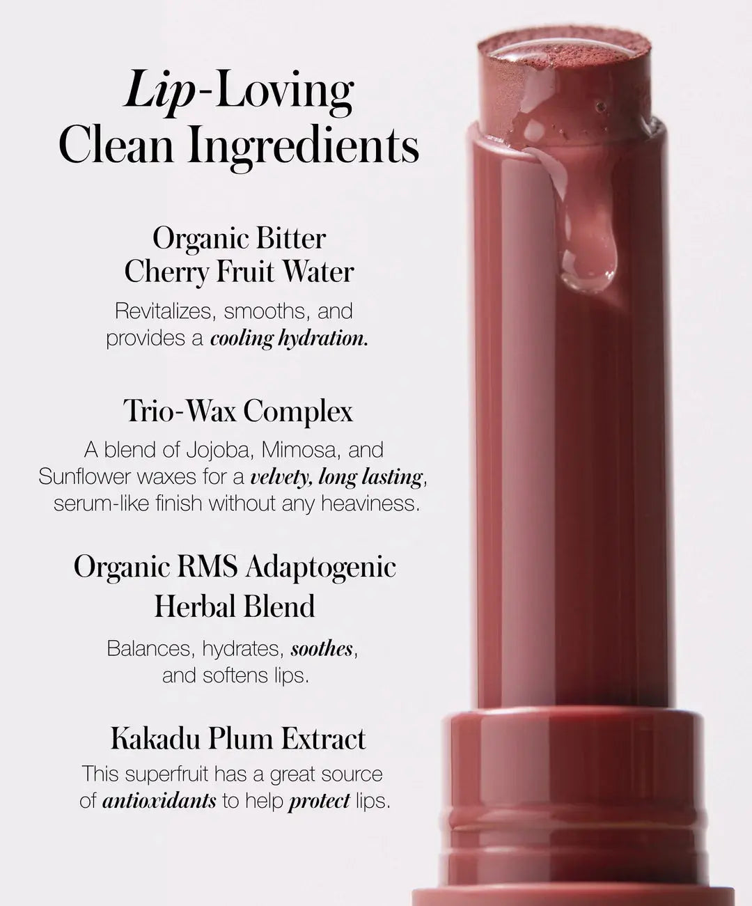 RMS Beauty Legendary Serum Lipstick in Nude shade, creamy lipstick with smooth texture and natural finish, close-up image.