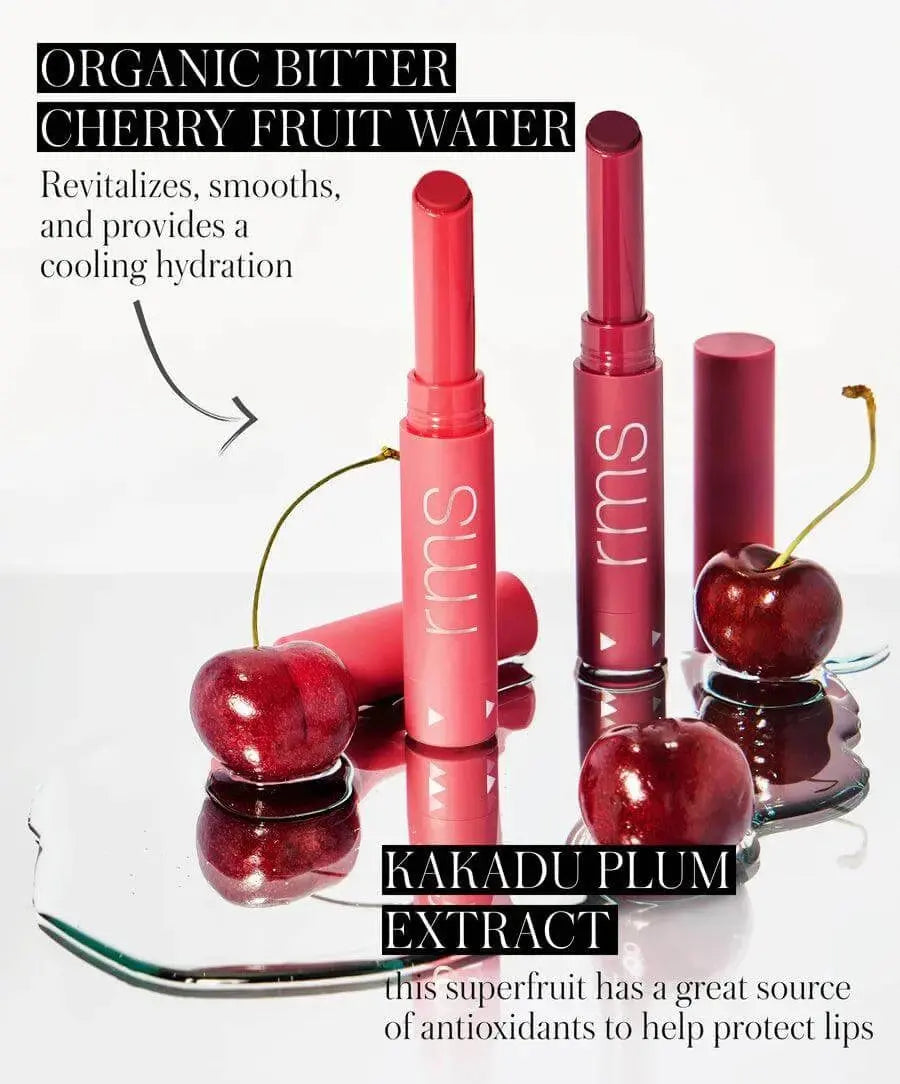 RMS Beauty Legendary Serum Lipstick in Monica, close-up of the sleek lipstick tube with the cap removed revealing the lipstick bullet.