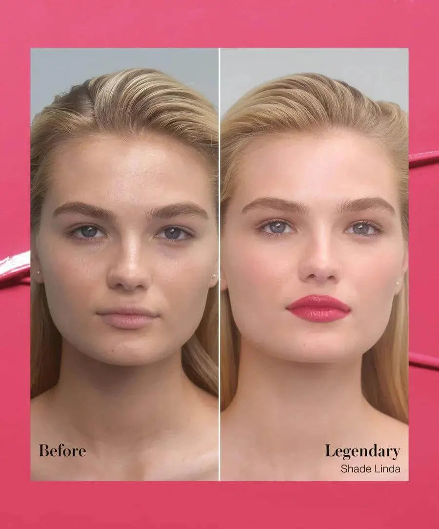 RMS Beauty Legendary Serum Lipstick in Monica, creamy lipstick with a smooth finish, in sleek tube with the cap off revealing the product