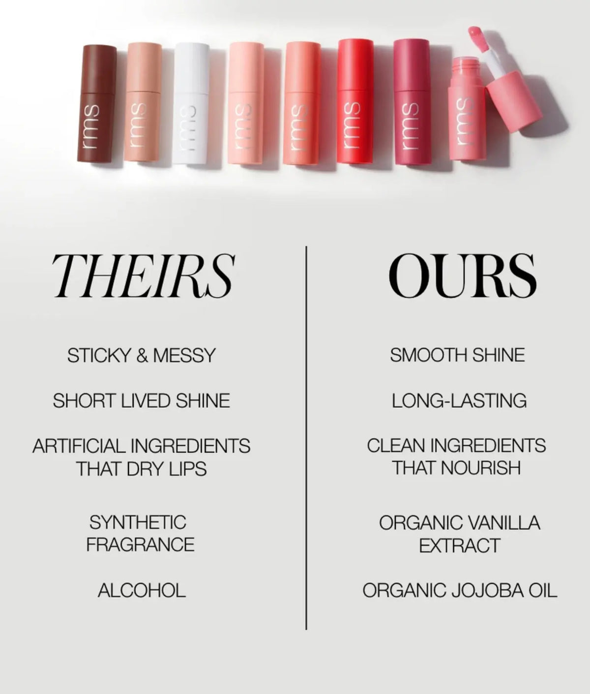 RMS Beauty Legendary Lip Oil in a clear tube with a doe-foot applicator, showcasing glossy, nourishing lip treatment.
