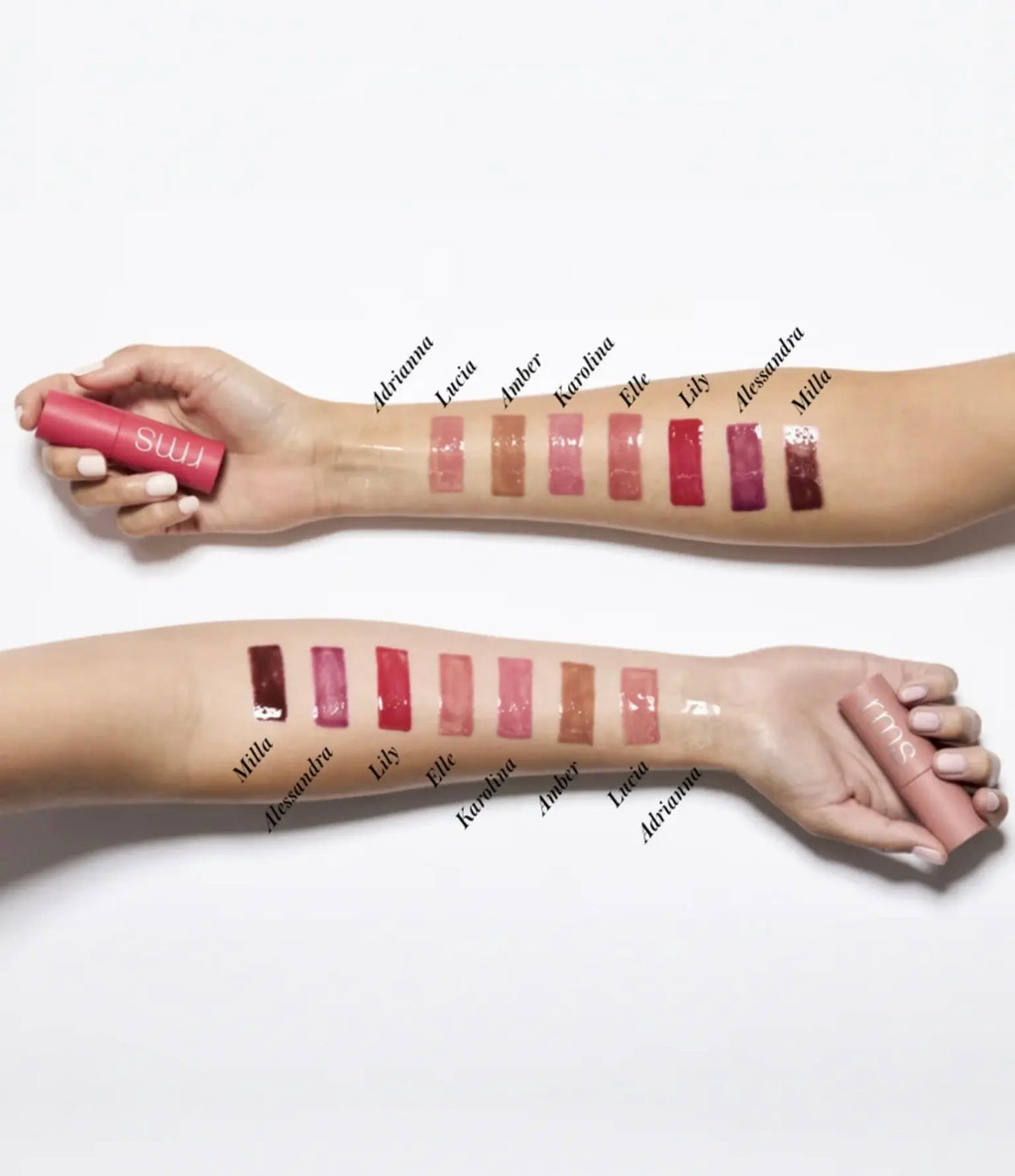 RMS Beauty Legendary Lip Oil in a clear tube with a doe-foot applicator, showcasing glossy, nourished lips.