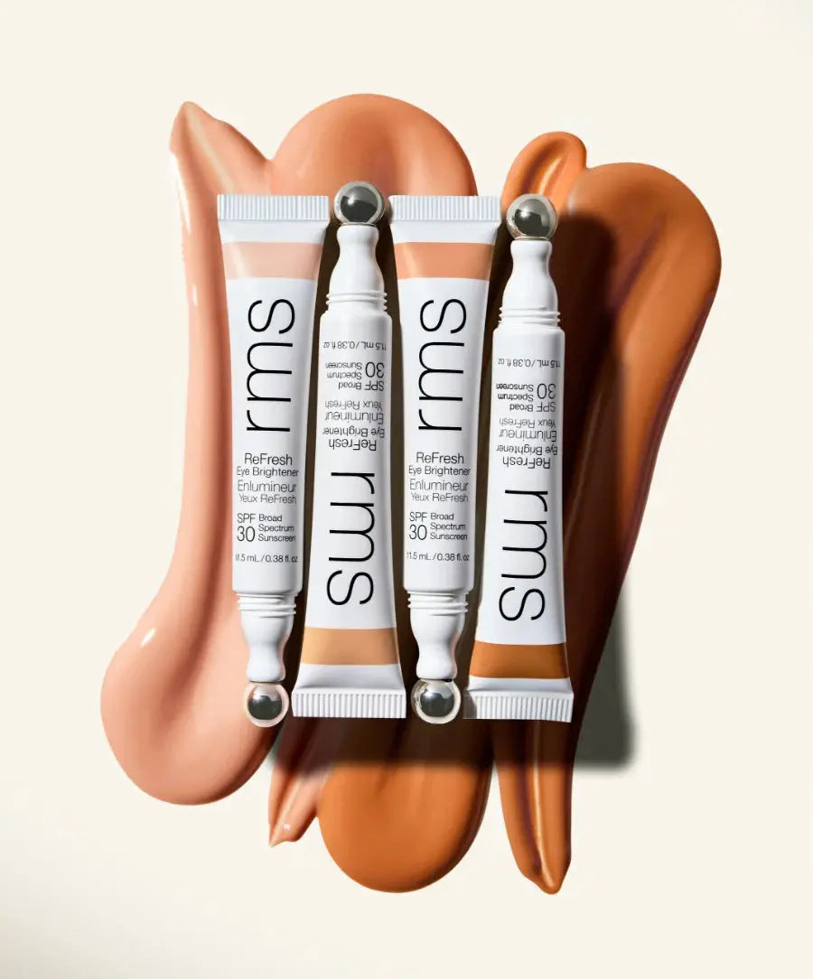 RMS Beauty ReFresh Eye Brightener makeup with SPF 30 and correcting tint, showcasing a compact with smooth, tinted formula for brightening eyes.