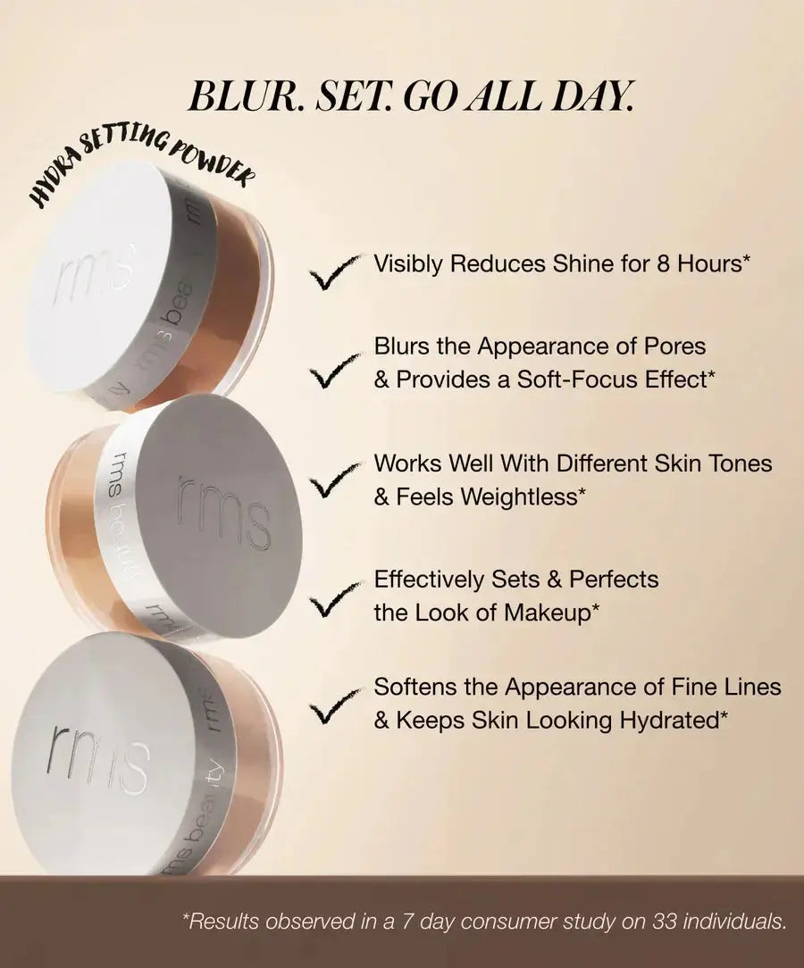 RMS Beauty Hydra Setting Powder in Sheer Light, loose translucent face powder for a matte finish and setting makeup.