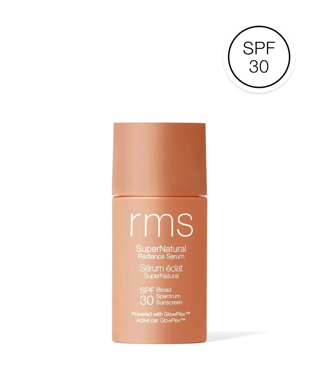 RMS Beauty SuperNatural Radiance Serum SPF 30 in a glass bottle with dropper, skin care product for glowing, protected skin.