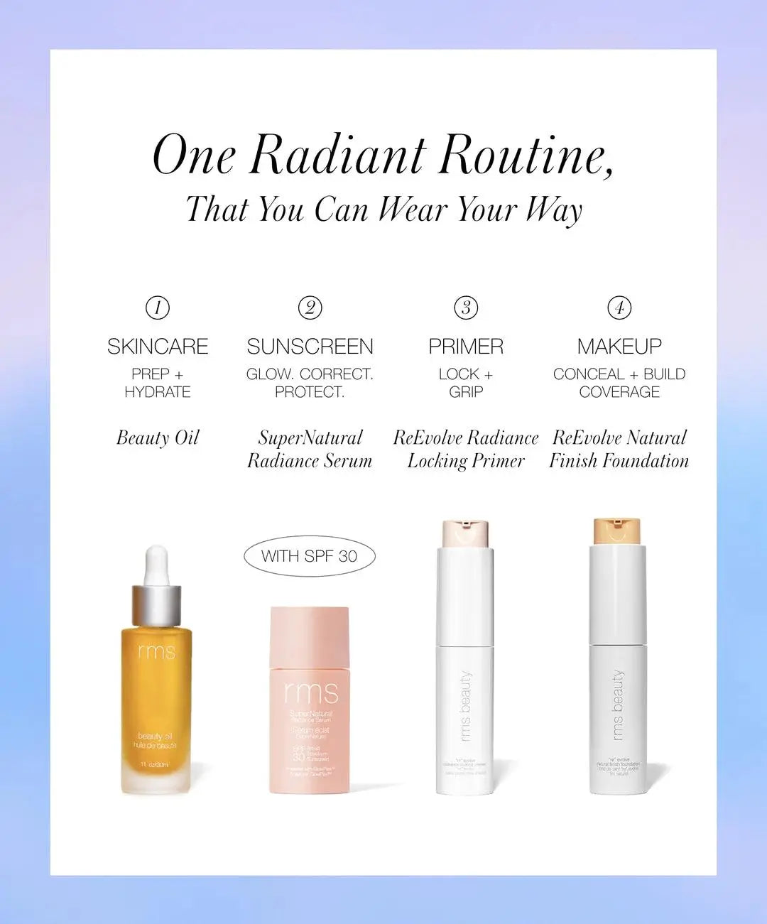 RMS Beauty SuperNatural Radiance Serum SPF 30 in a sleek bottle, designed for skin care and sun protection.