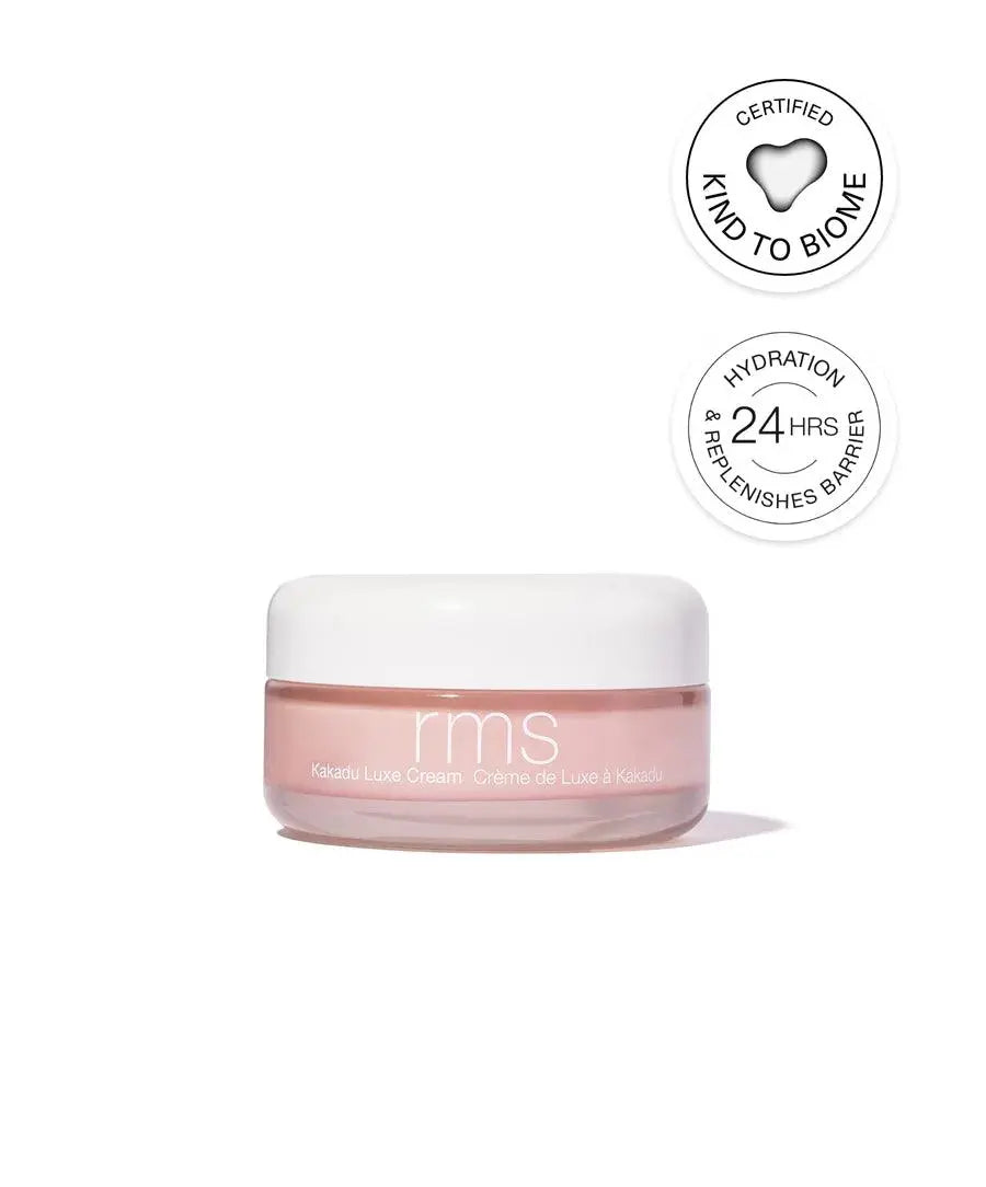 RMS Beauty Kakadu Luxe Cream jar with white lid, full-size skincare product in a sleek container for nourishing skin.