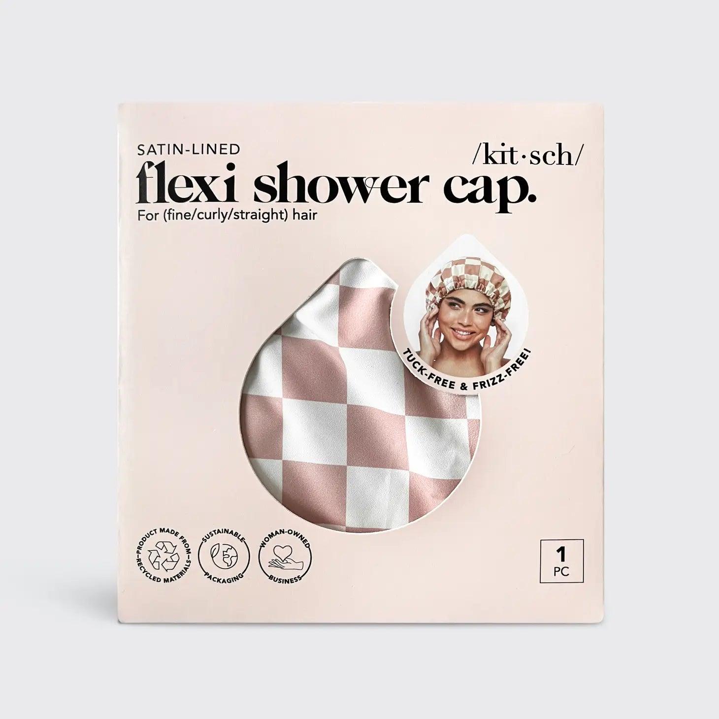 Satin Lined Flexi Shower Cap - Terracotta Checker - Sprig Flower Co