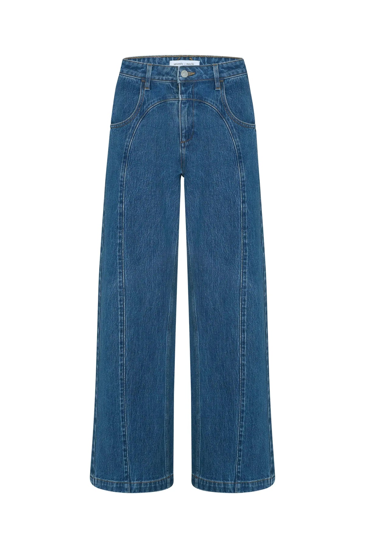 Seventy + Mochi Eden Denim apparel featuring classic denim fabric and stylish fit, displayed on a hanger.