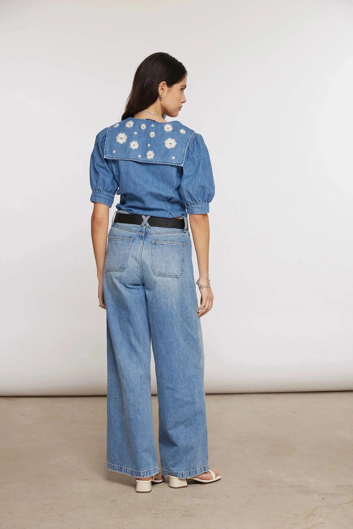 Seventy + Mochi Bay Super Wide Leg Jean in denim, featuring a relaxed fit and wide-leg style for casual wear.