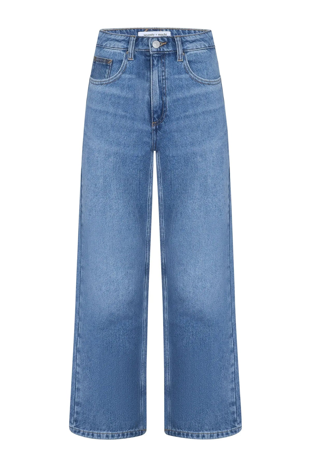 Seventy + Mochi Bay Super Wide Leg Jean in denim, featuring a relaxed fit and classic five-pocket design.