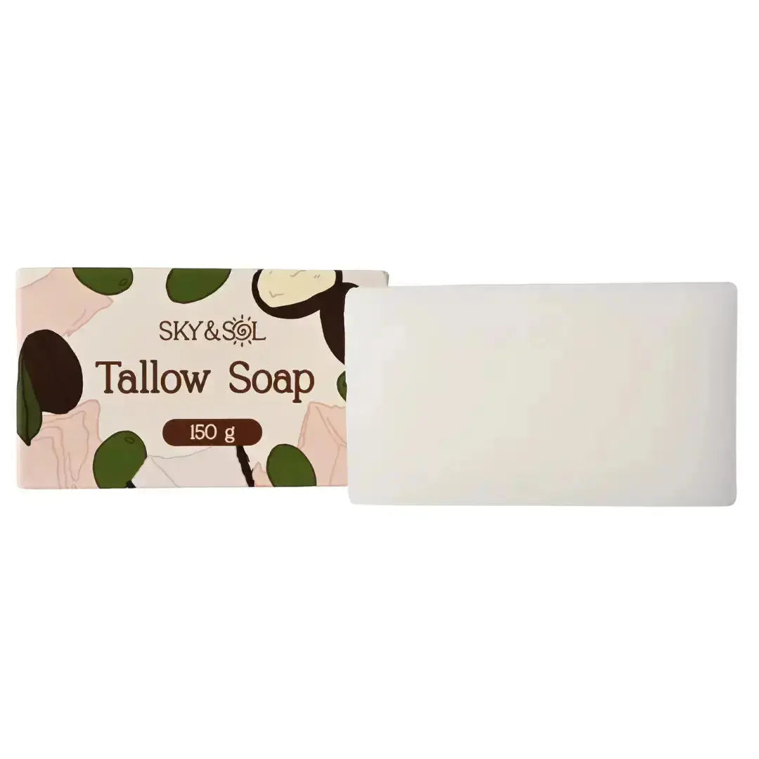Natural tallow bar soap from Sky & Sol, showcasing a rustic, handcrafted soap with a smooth, creamy surface and earthy tones.