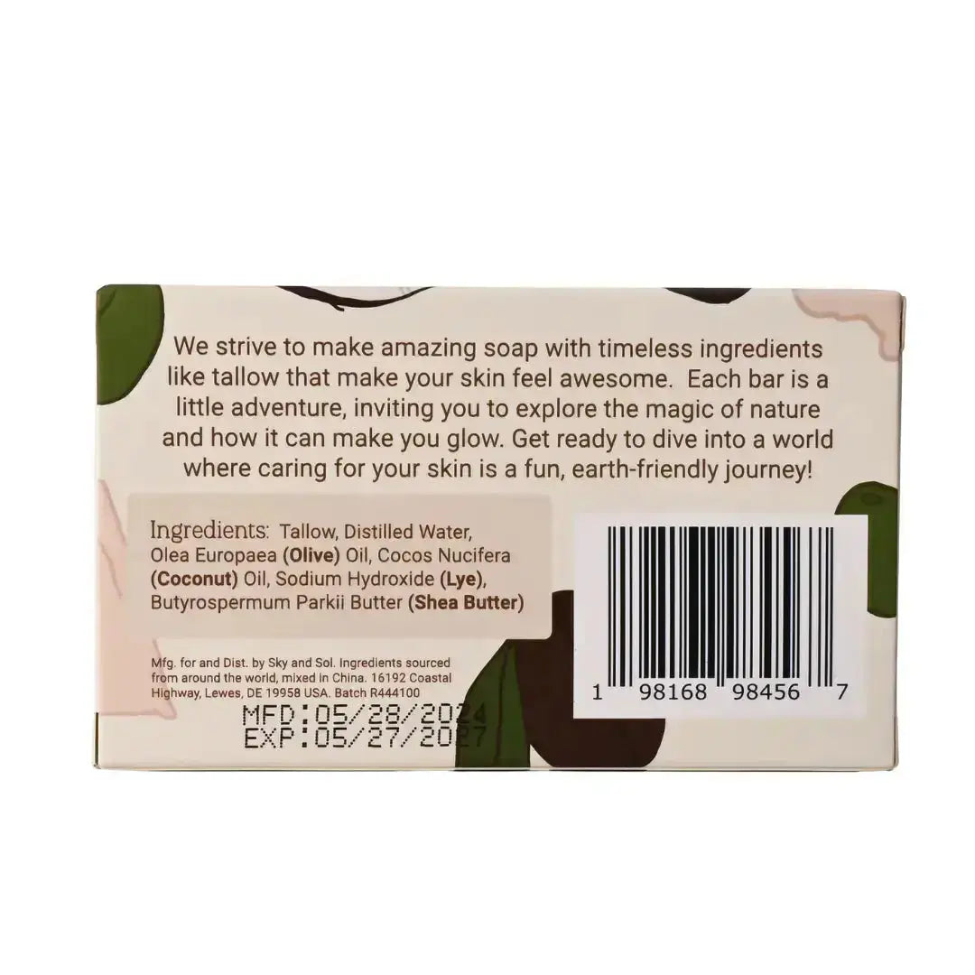 Rustic Sky & Sol Tallow Bar Soap with natural ingredients, showing a textured soap bar on a neutral background.