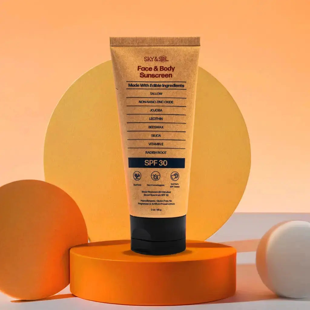 Sky and Sol Tallow Sunscreen SPF 30 in a tube, showing the natural skincare product with a minimalist design and white cap.