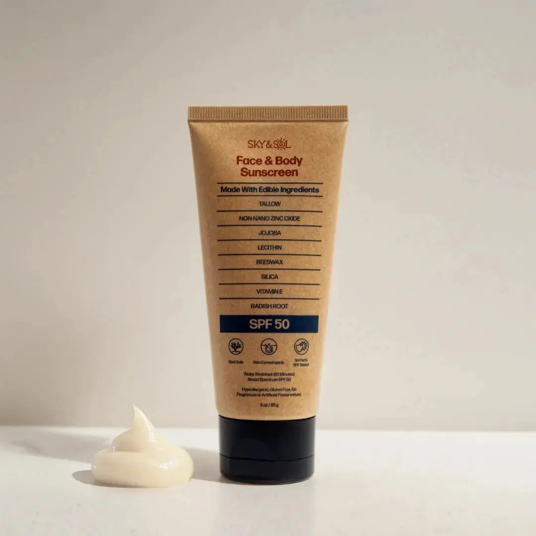 Sky and Sol Tallow Sunscreen SPF 50 container with white lid and label, designed for skin protection from UV rays.