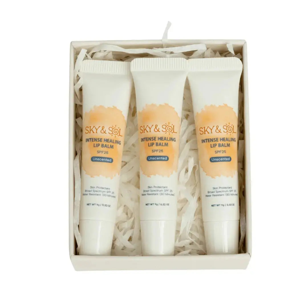 Three Sky and Sol moisturizing lip balms with SPF 25, featuring clear and tinted jelly textures for hydration and sun protection.