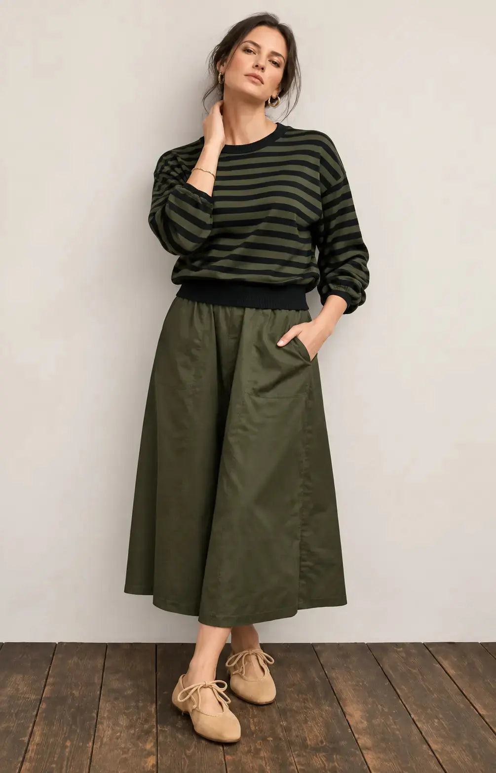 Stateside Olive Stripe Two-Piece Dress Set, stylish apparel featuring a matching top and skirt in a chic olive stripe pattern.
