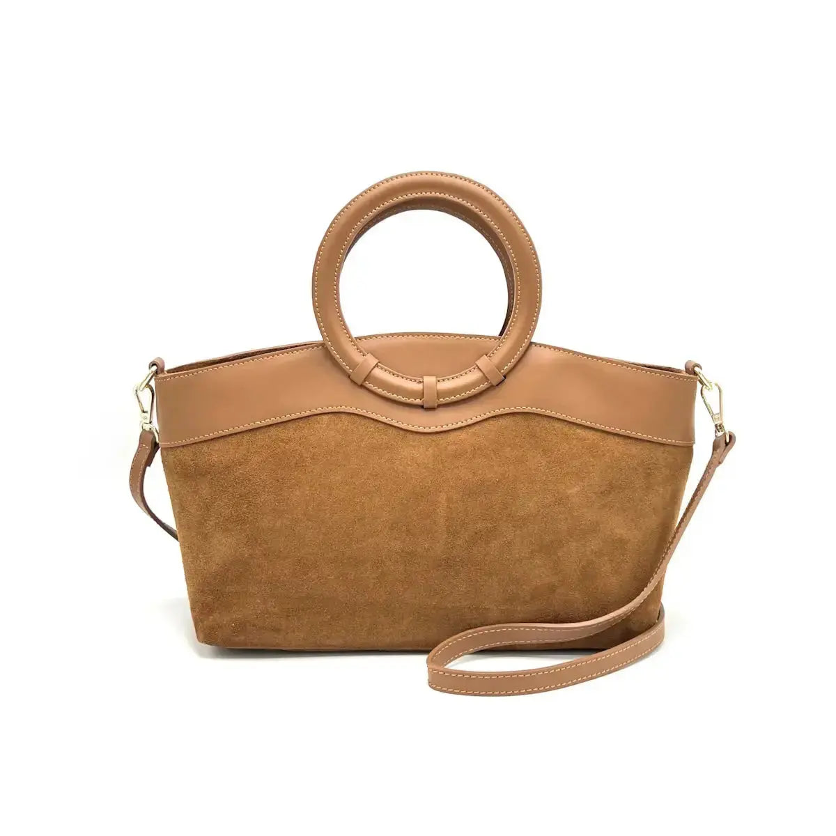 Siena suede handbag by Suie Valentini featuring a stylish design, soft brown suede material, and top handle for versatile wear.