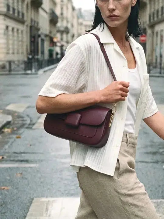 Suie Valentini The Verona Leather Crossbody purse in cognac leather with adjustable strap