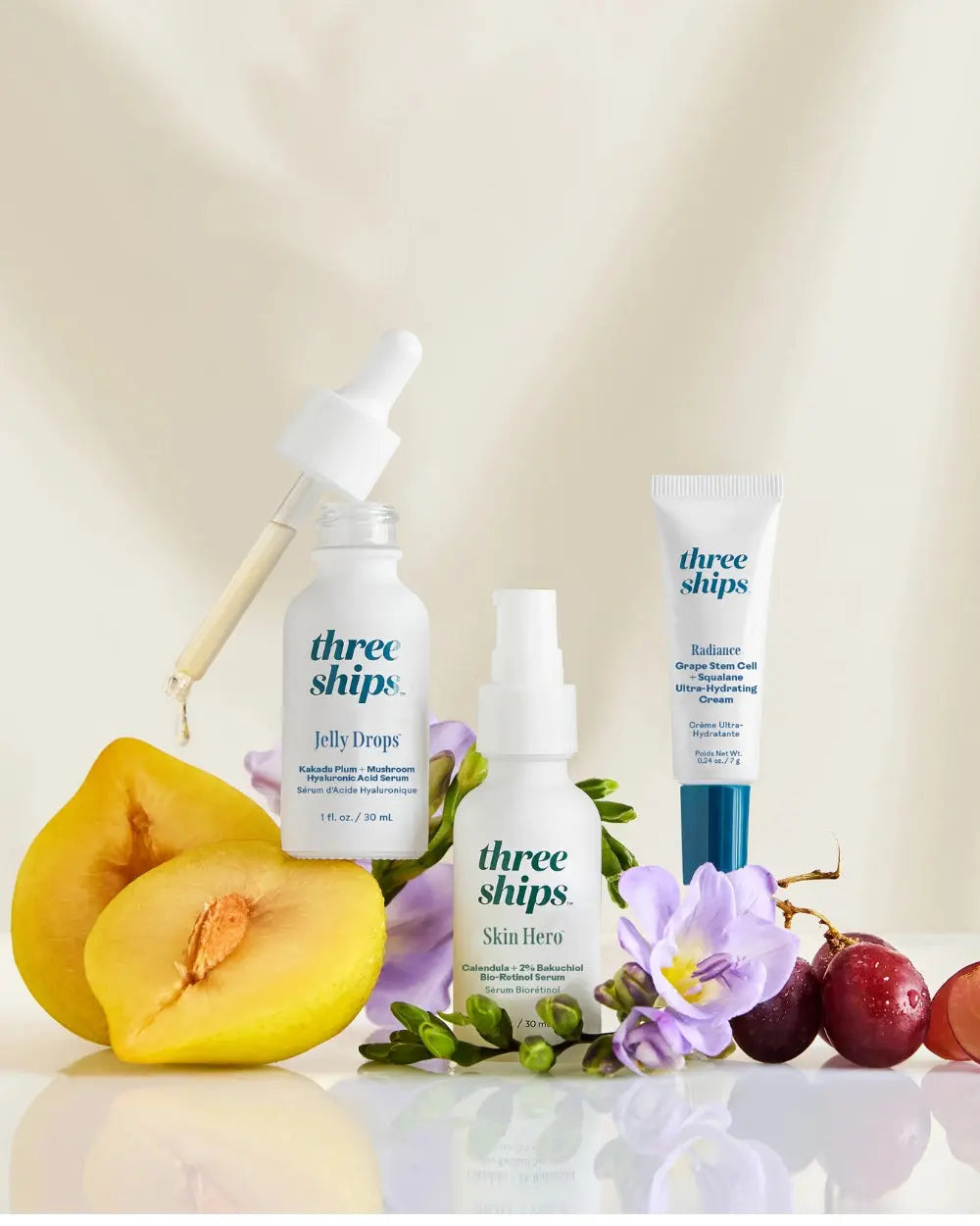 Three Ships Natural Icons Day and Night Serum Set featuring two bottles with dropper caps and minimalist labels.