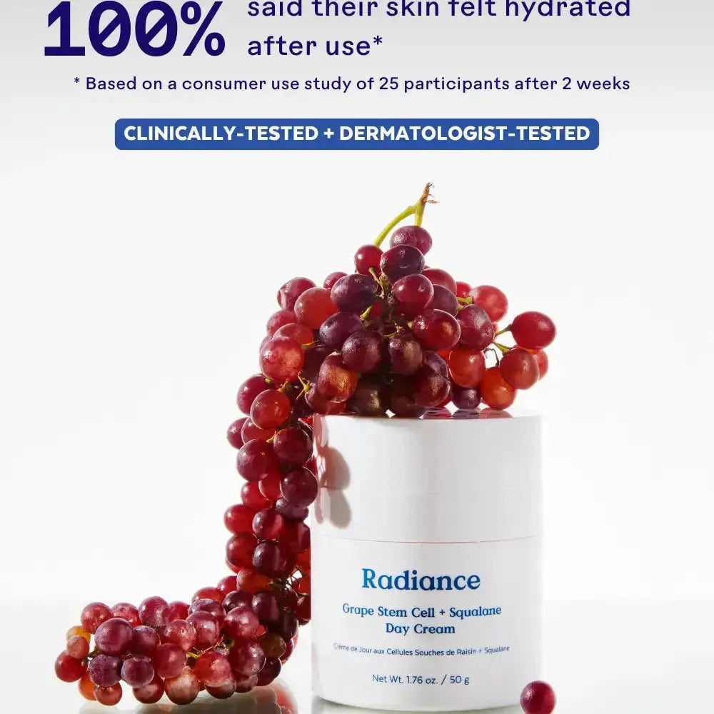 Three Ships Radiance Grape Stem Cell and Squalane ultra hydrating cream jar with a white lid and smooth cream inside.