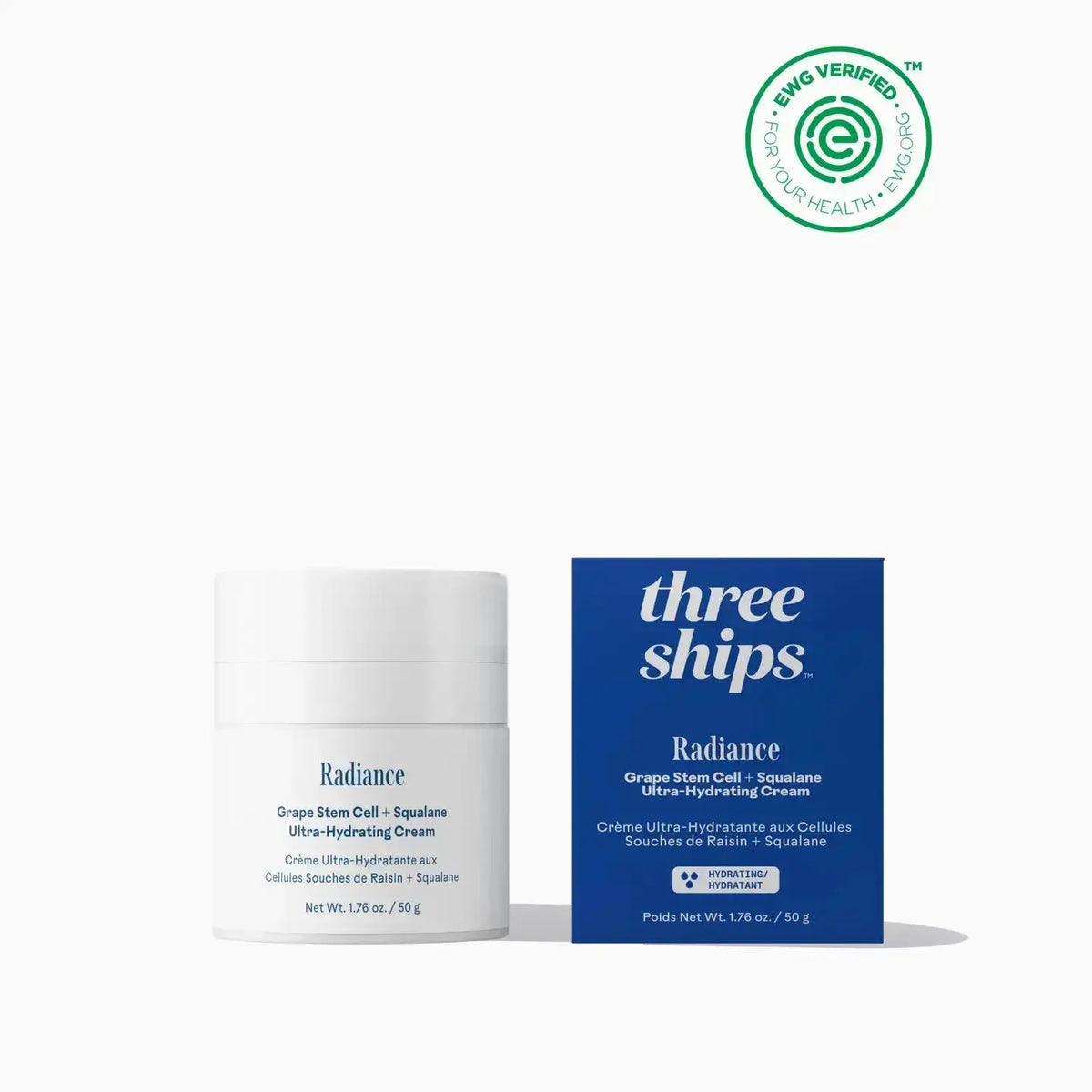 Three Ships Radiance Grape Stem Cell and Squalane Ultra Hydrating Cream jar with a clean, minimalist design and a white lid.