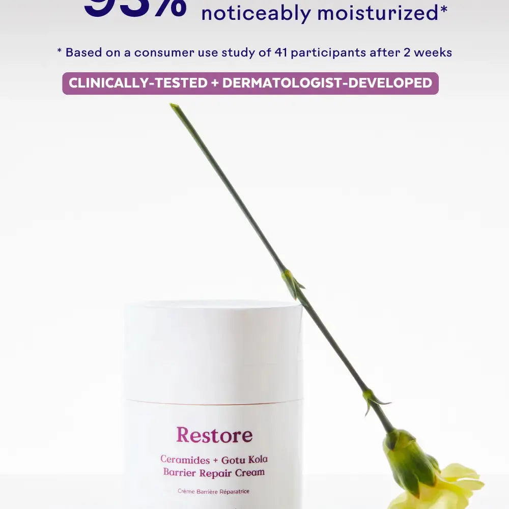 Restore Ceramides and Gotu Kola barrier repair cream from Three Ships, soothing skin with nourishing barrier support.