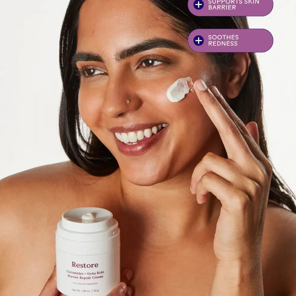 Three Ships Restore Ceramides and Gotu Kola Barrier Repair Cream in a jar, featuring a smooth cream texture for restoring skin barrier health.