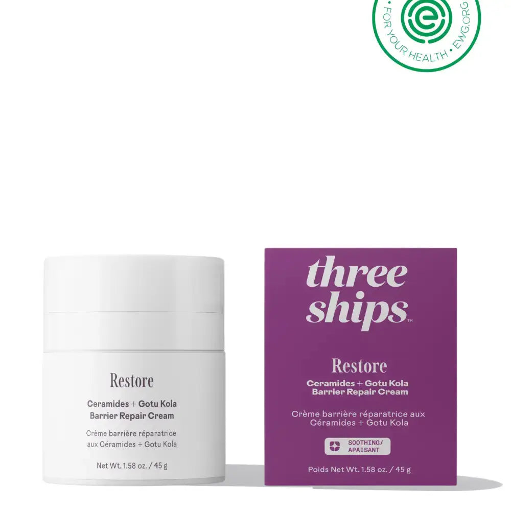 Restore Ceramides and Gotu Kola barrier repair cream from Three Ships, showing a jar of nourishing skin care cream with natural ingredients.