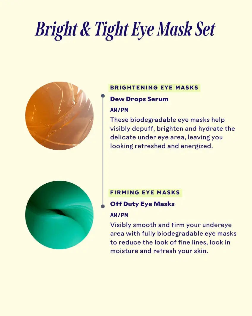 Set of four biodegradable Bright & Tight skincare eye masks by Three Ships, showing the product packaging and individual masks.